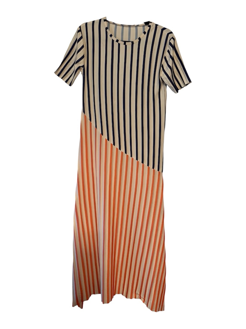 Zara Striped Two-Tone Midi Dress - Cream, Navy & Orange Size Smalll